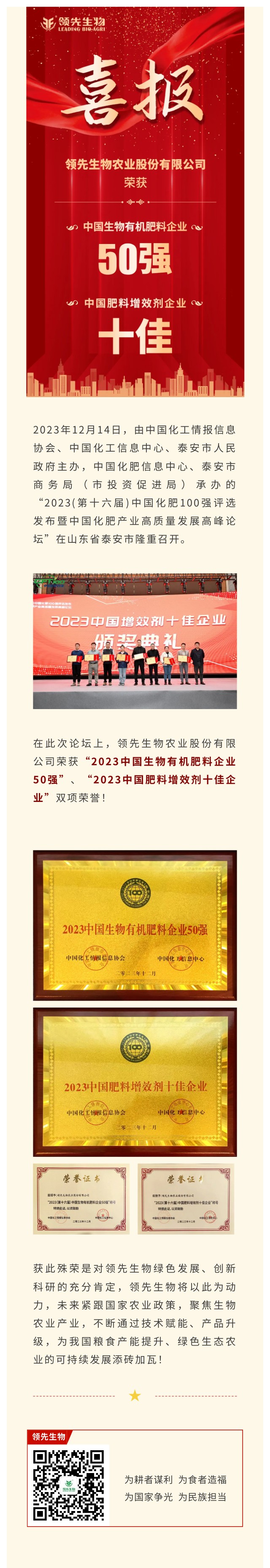 實力上榜 | 領(lǐng)先生物榮獲2023中國生物有機肥料企業(yè)50強！中國肥料增效劑十佳企業(yè)！
